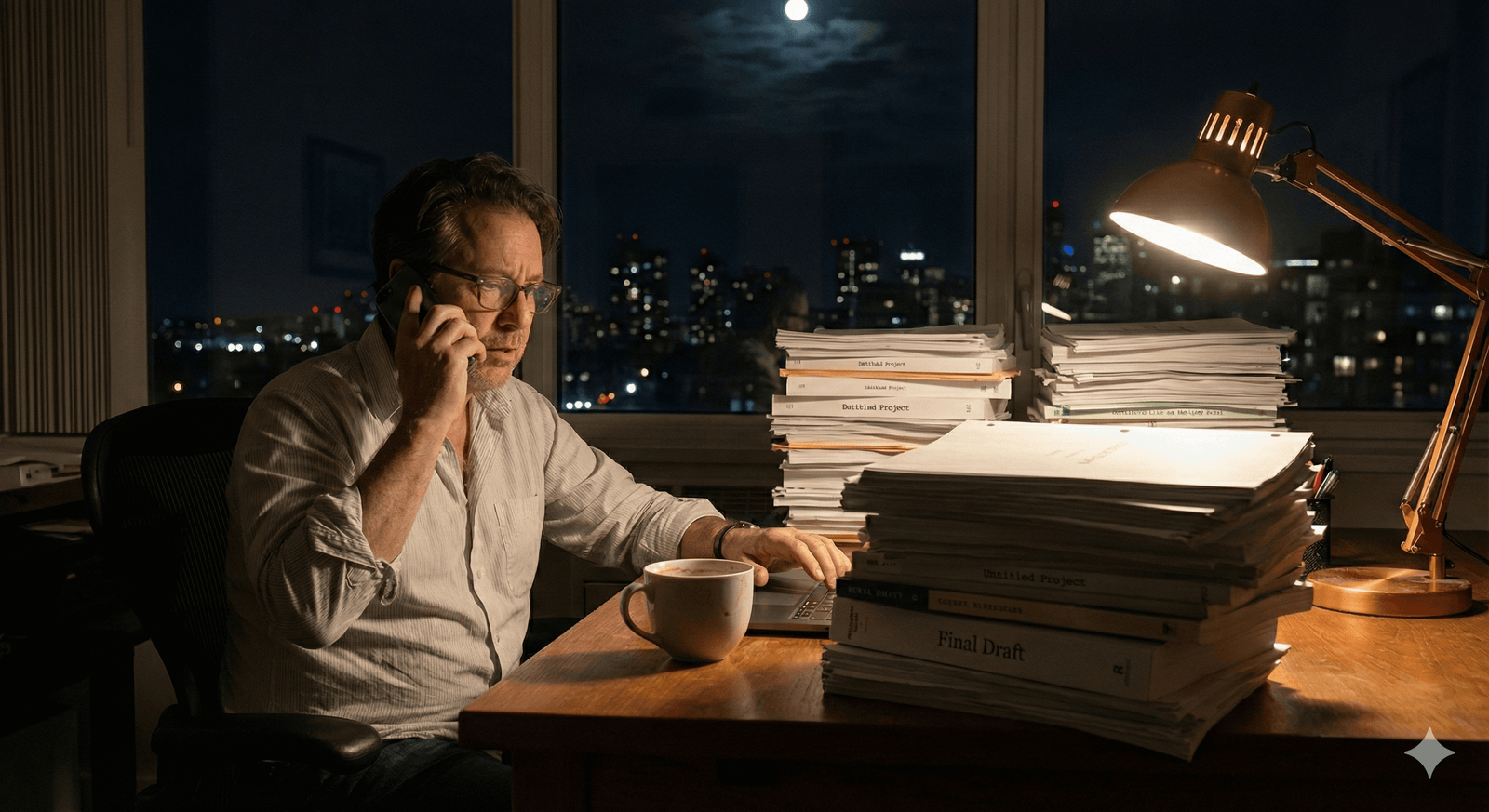 Overworked producer swamped with scripts at a messy desk